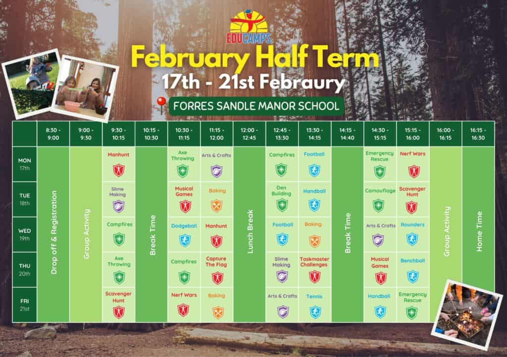 Educamps February half term timetable, featuring outdoor challenges, survival skills, creative fun, sports & friendly competition